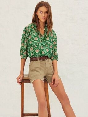 ba&sh Green and Cream Floral Button-Front Shirt